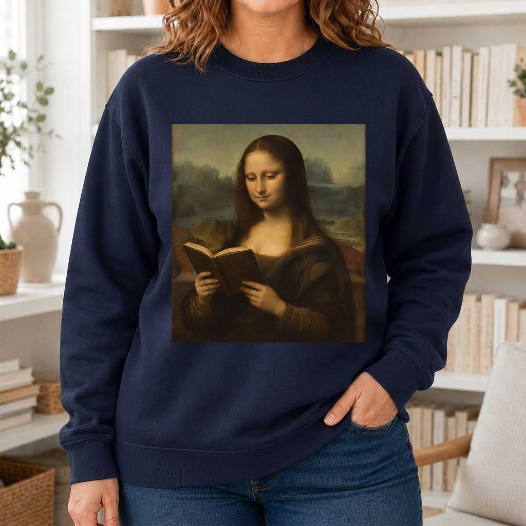 Mona Lisa Reading Printed Sweatshirt | Literary Home Reader Gift Navy
