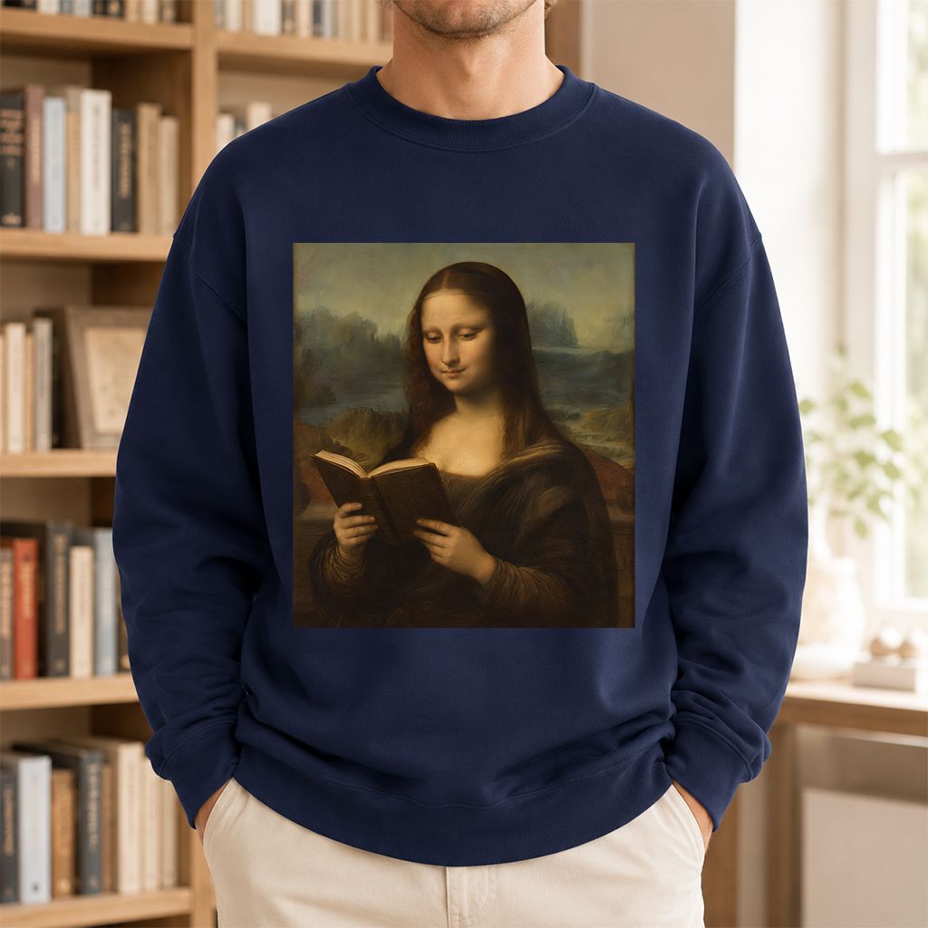 Mona Lisa Reading Printed Sweatshirt | Literary Home Reader Gift Navy