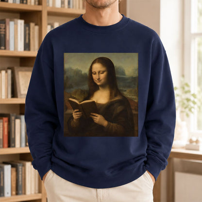 Mona Lisa Reading Printed Sweatshirt | Literary Home Reader Gift Navy