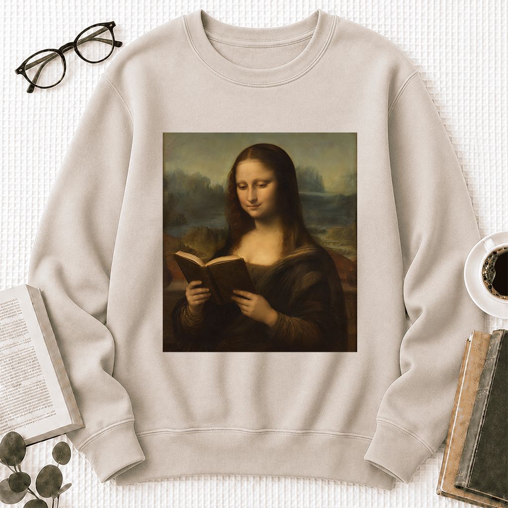 Mona Lisa Reading Printed Sweatshirt | Literary Home Reader Gift Sand