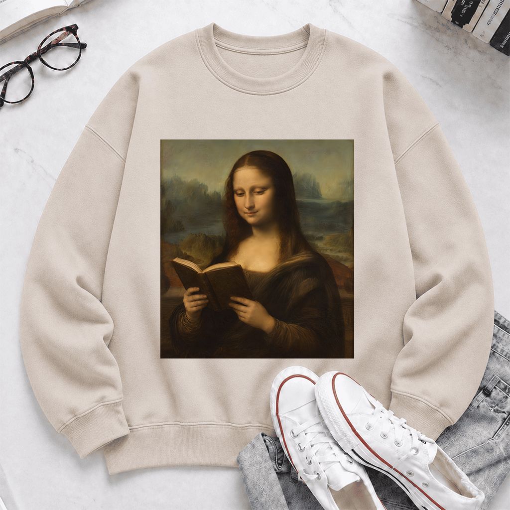 Mona Lisa Reading Printed Sweatshirt | Literary Home Reader Gift Sand