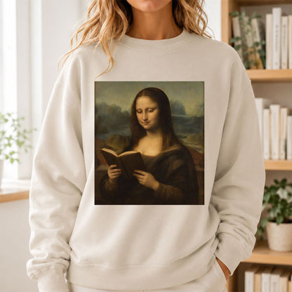 Mona Lisa Reading Printed Sweatshirt | Literary Home Reader Gift Sand
