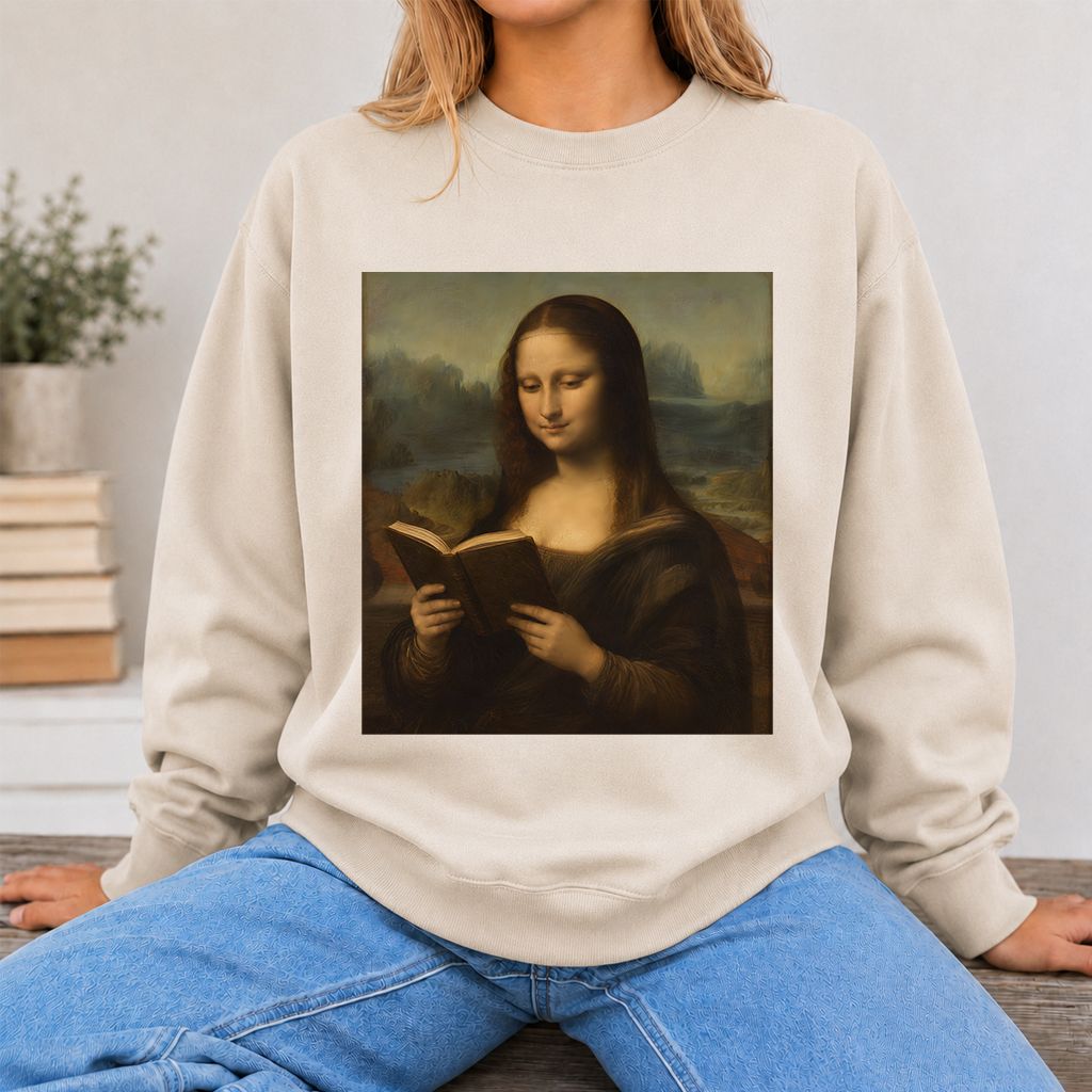 Mona Lisa Reading Printed Sweatshirt | Literary Home Reader Gift Sand