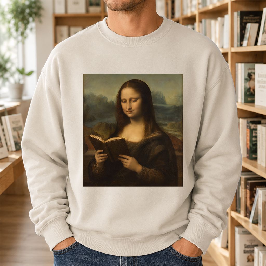 Mona Lisa Reading Printed Sweatshirt | Literary Home Reader Gift Sand