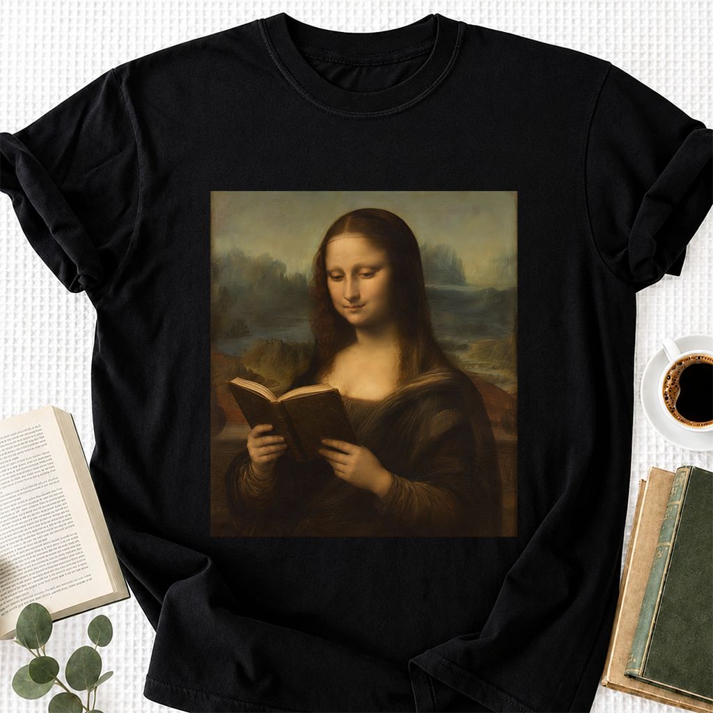 Mona Lisa Reading Printed T-Shirt | Literary Home Reader Gift Black