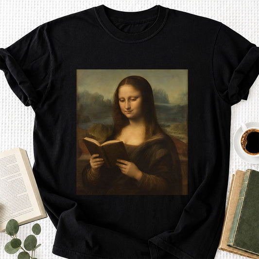 Mona Lisa Reading Printed T-Shirt | Literary Home Reader Gift Black