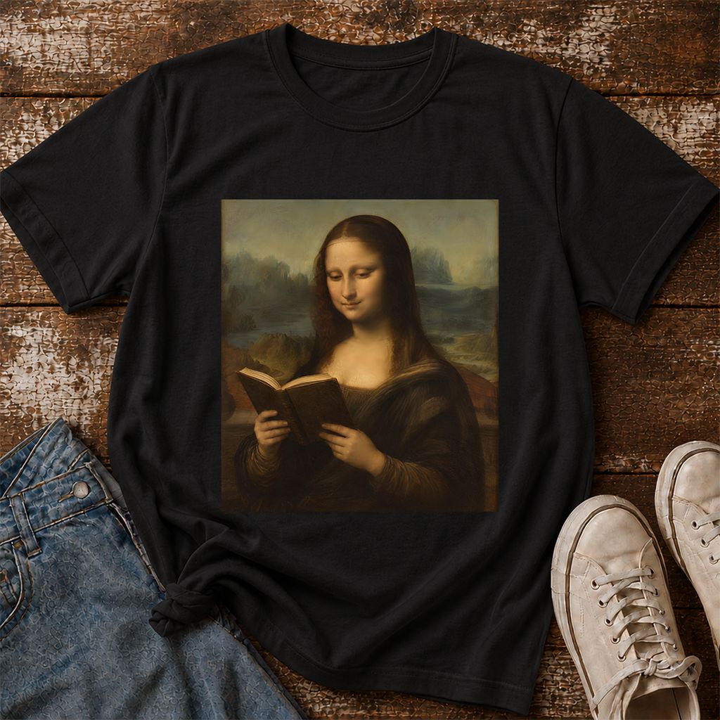 Mona Lisa Reading Printed T-Shirt | Literary Home Reader Gift Black