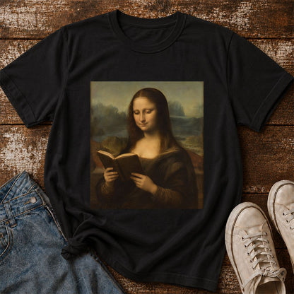 Mona Lisa Reading Printed T-Shirt | Literary Home Reader Gift Black