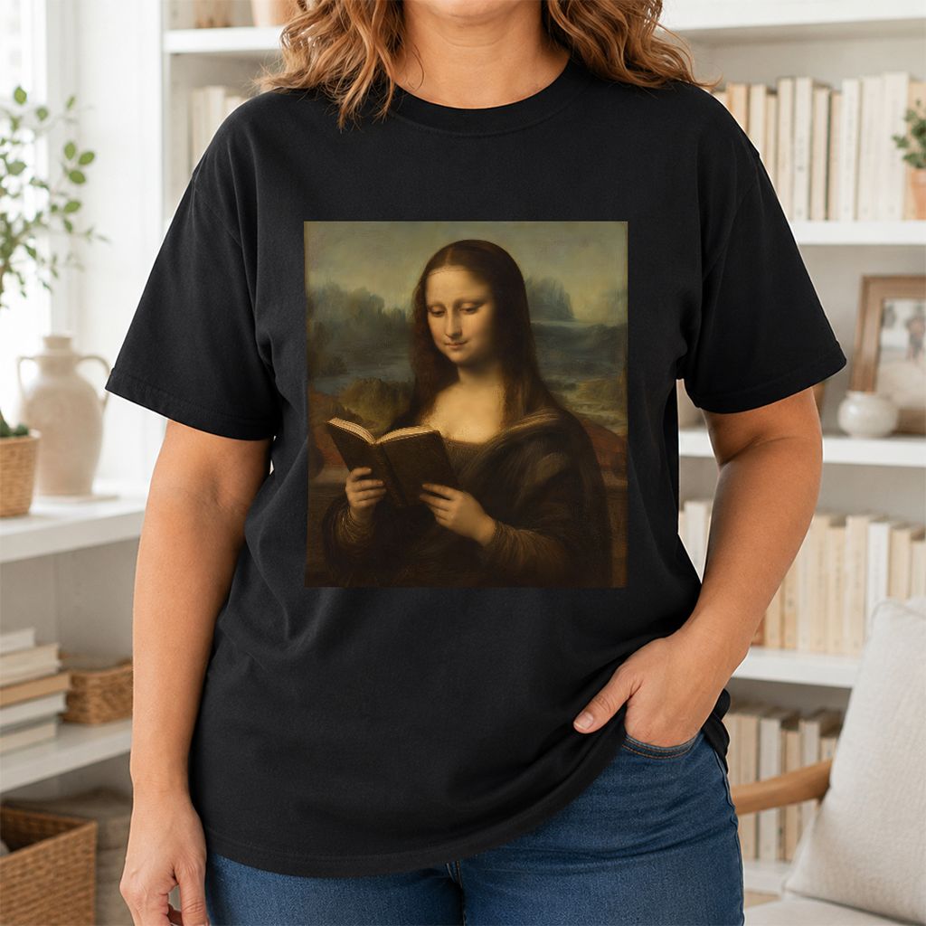 Mona Lisa Reading Printed T-Shirt | Literary Home Reader Gift Black