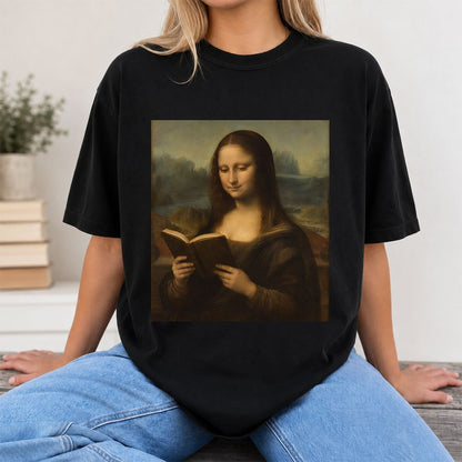 Mona Lisa Reading Printed T-Shirt | Literary Home Reader Gift Black