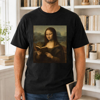 Mona Lisa Reading Printed T-Shirt | Literary Home Reader Gift Black