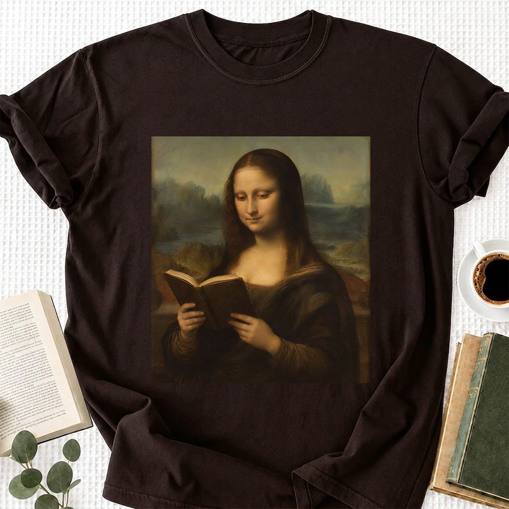Mona Lisa Reading Printed T-Shirt | Literary Home Reader Gift Dark Chocolate