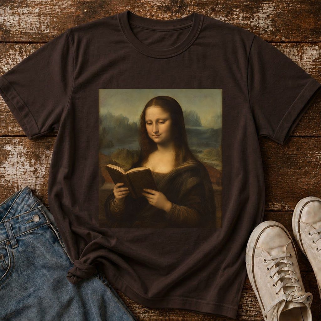 Mona Lisa Reading Printed T-Shirt | Literary Home Reader Gift Dark Chocolate