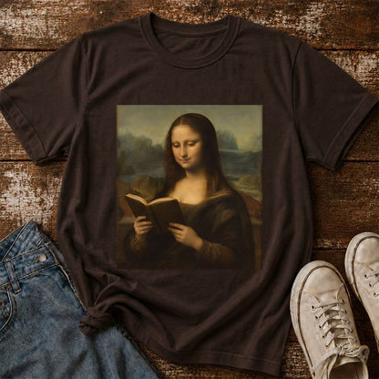 Mona Lisa Reading Printed T-Shirt | Literary Home Reader Gift Dark Chocolate