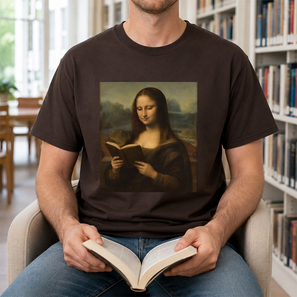 Mona Lisa Reading Printed T-Shirt | Literary Home Reader Gift Dark Chocolate