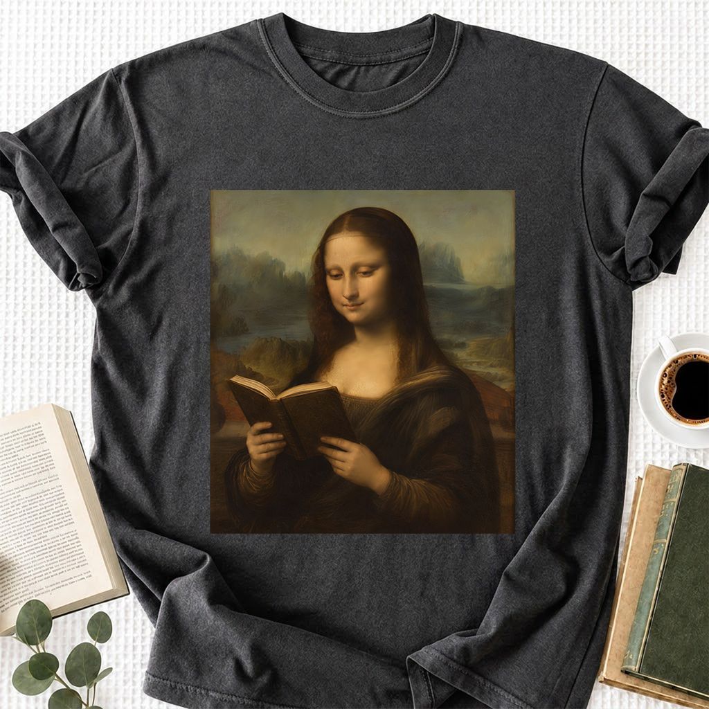 Mona Lisa Reading Printed T-Shirt | Literary Home Reader Gift Dark Heather
