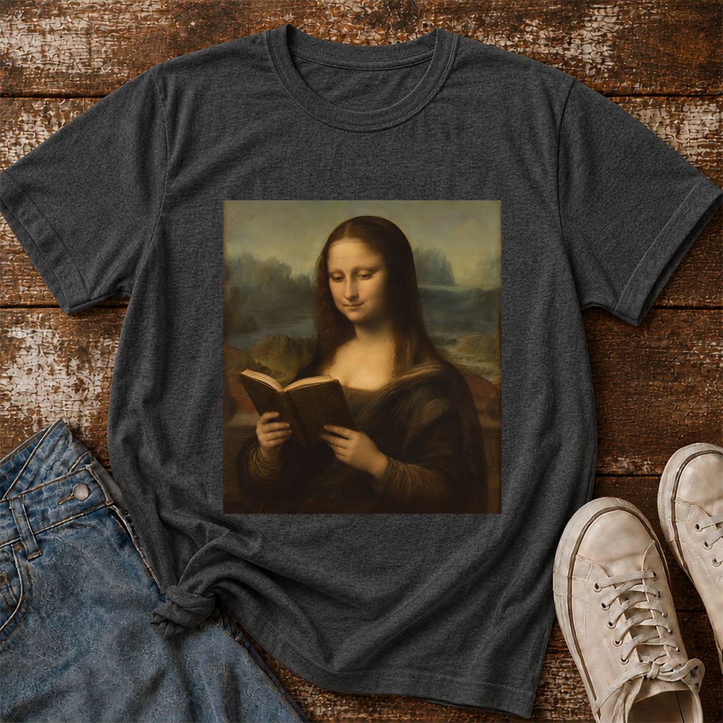 Mona Lisa Reading Printed T-Shirt | Literary Home Reader Gift Dark Heather