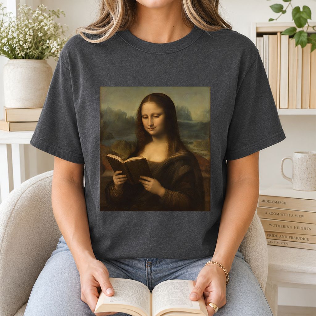Mona Lisa Reading Printed T-Shirt | Literary Home Reader Gift Dark Heather