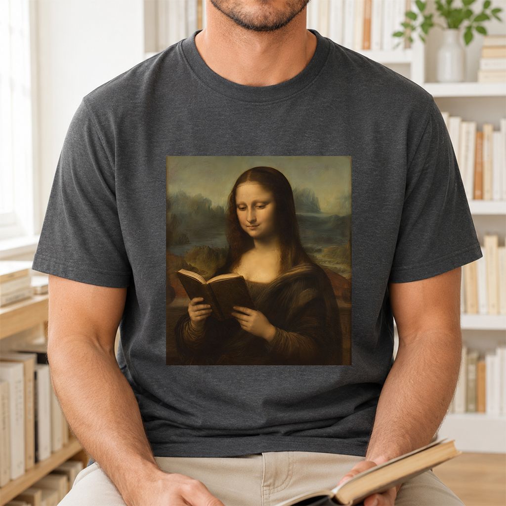 Mona Lisa Reading Printed T-Shirt | Literary Home Reader Gift Dark Heather