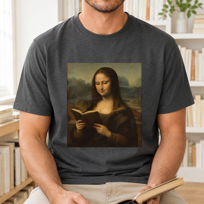Mona Lisa Reading Printed T-Shirt | Literary Home Reader Gift Dark Heather