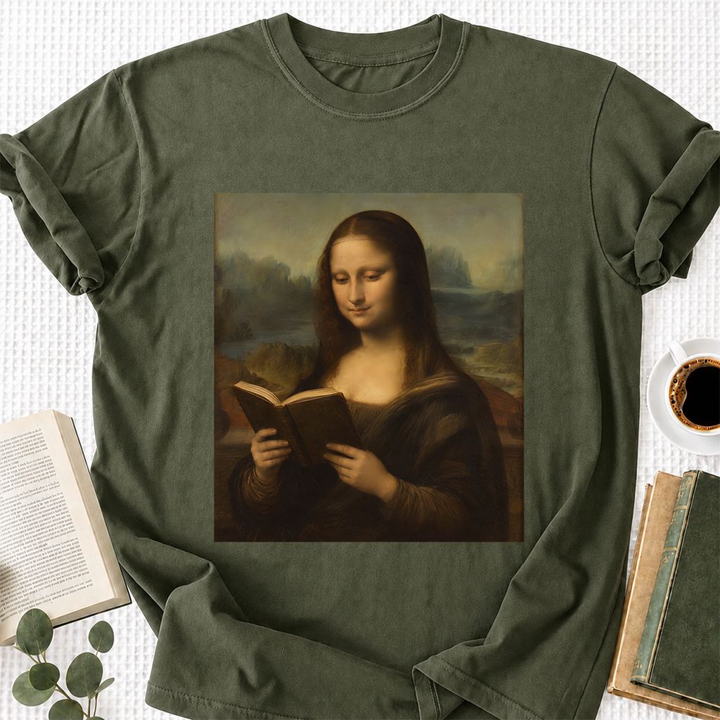 Mona Lisa Reading Printed T-Shirt | Literary Home Reader Gift Military Green