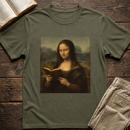 Mona Lisa Reading Printed T-Shirt | Literary Home Reader Gift Military Green