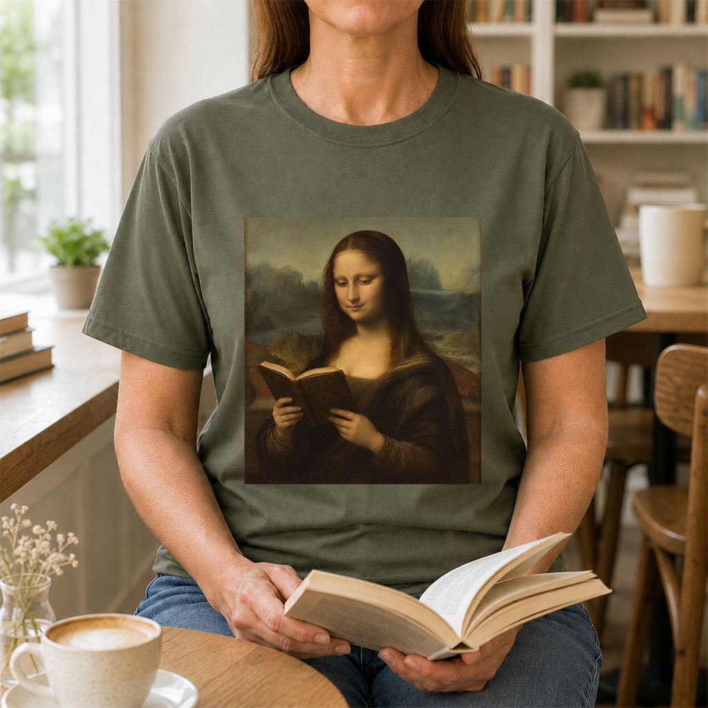 Mona Lisa Reading Printed T-Shirt | Literary Home Reader Gift Military Green