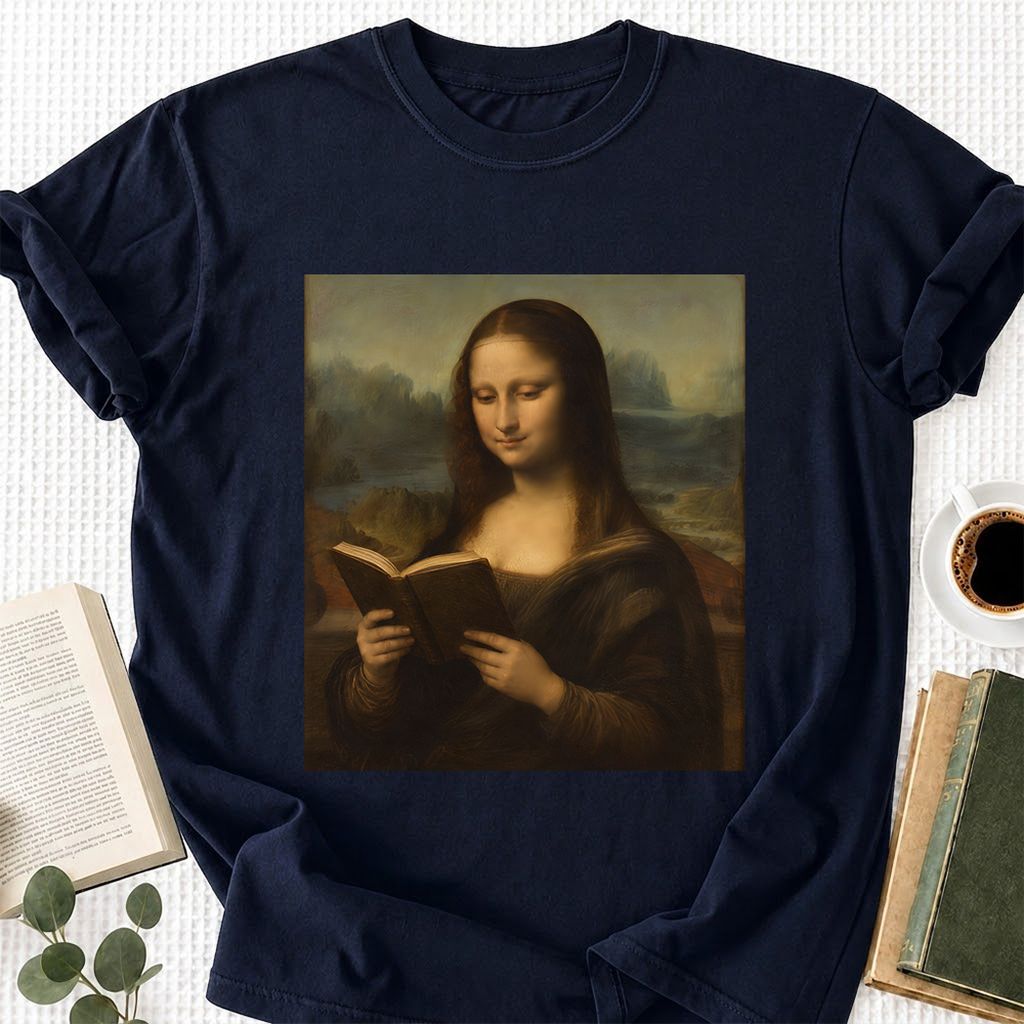 Mona Lisa Reading Printed T-Shirt | Literary Home Reader Gift Navy