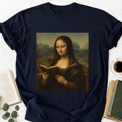 Mona Lisa Reading Printed T-Shirt | Literary Home Reader Gift Navy