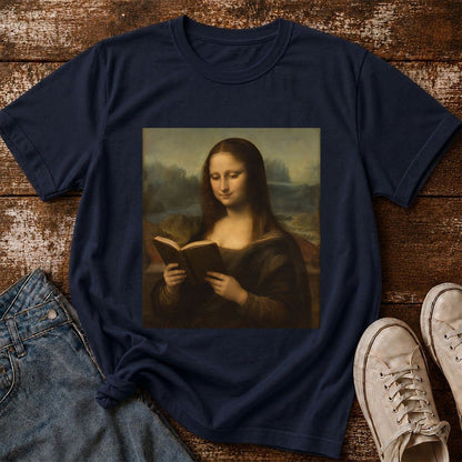 Mona Lisa Reading Printed T-Shirt | Literary Home Reader Gift Navy