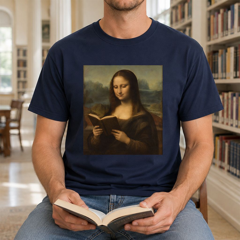Mona Lisa Reading Printed T-Shirt | Literary Home Reader Gift Navy