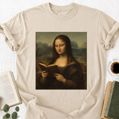 Mona Lisa Reading Printed T-Shirt | Literary Home Reader Gift Sand