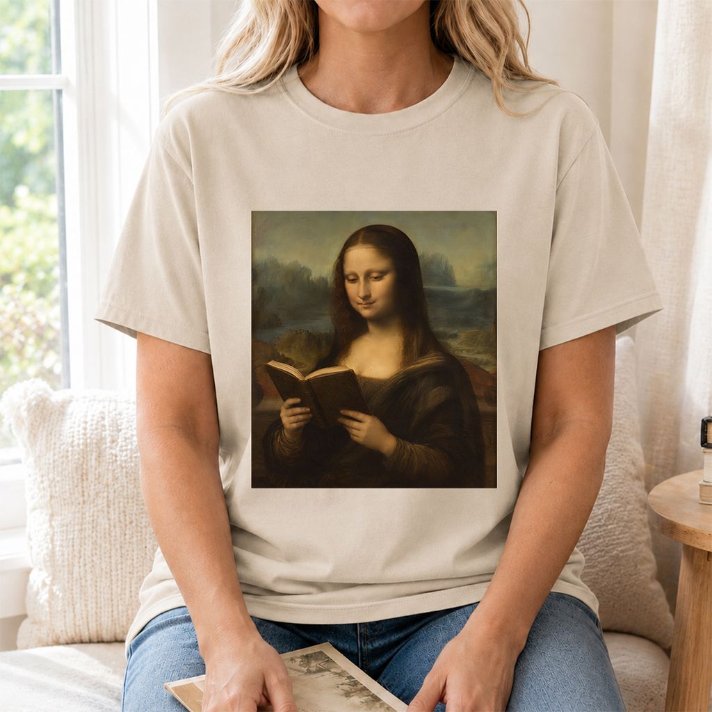 Mona Lisa Reading Printed T-Shirt | Literary Home Reader Gift Sand