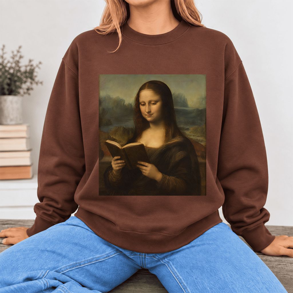 Mona Lisa Reading Softstyle Sweatshirt | Literary Reader Gift Cocoa