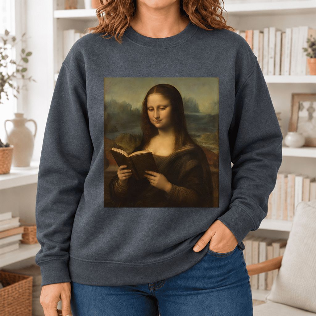 Mona Lisa Reading Softstyle Sweatshirt | Literary Reader Gift Dark Heather