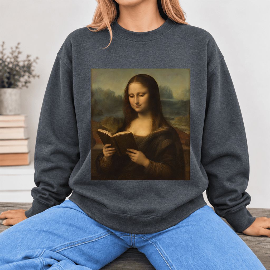 Mona Lisa Reading Softstyle Sweatshirt | Literary Reader Gift Dark Heather