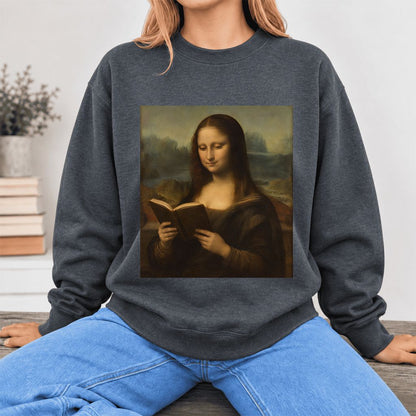 Mona Lisa Reading Softstyle Sweatshirt | Literary Reader Gift Dark Heather