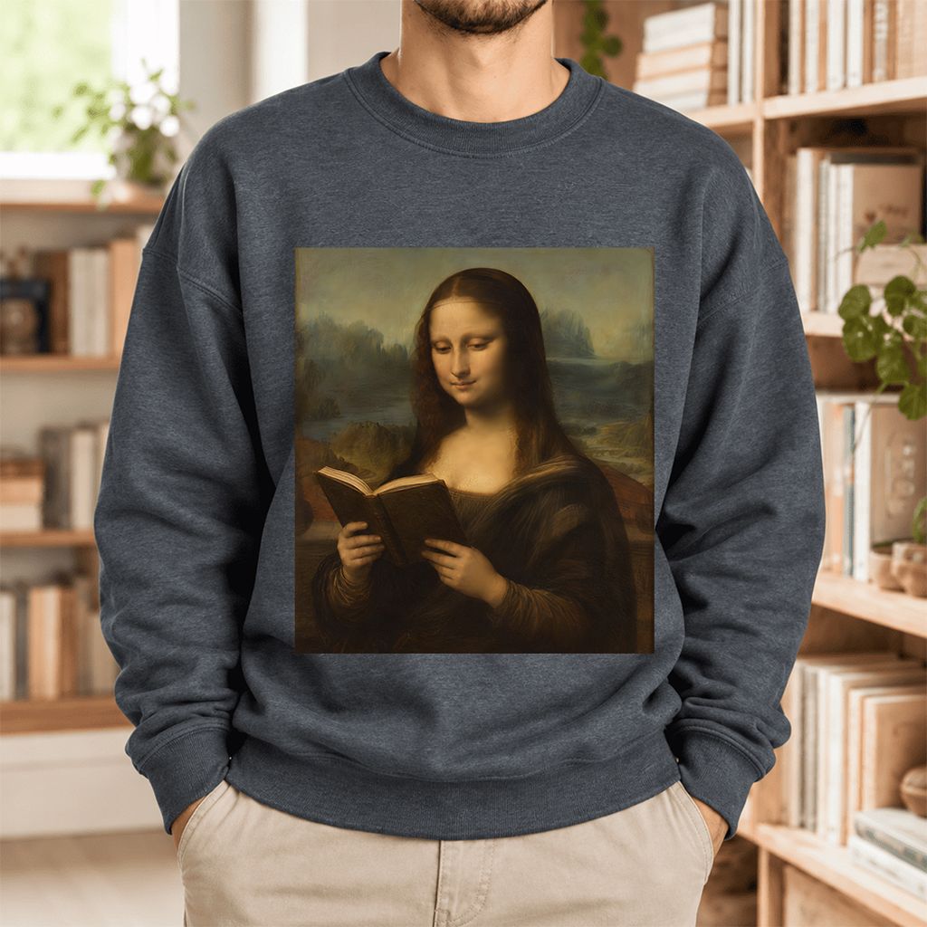 Mona Lisa Reading Softstyle Sweatshirt | Literary Reader Gift Dark Heather