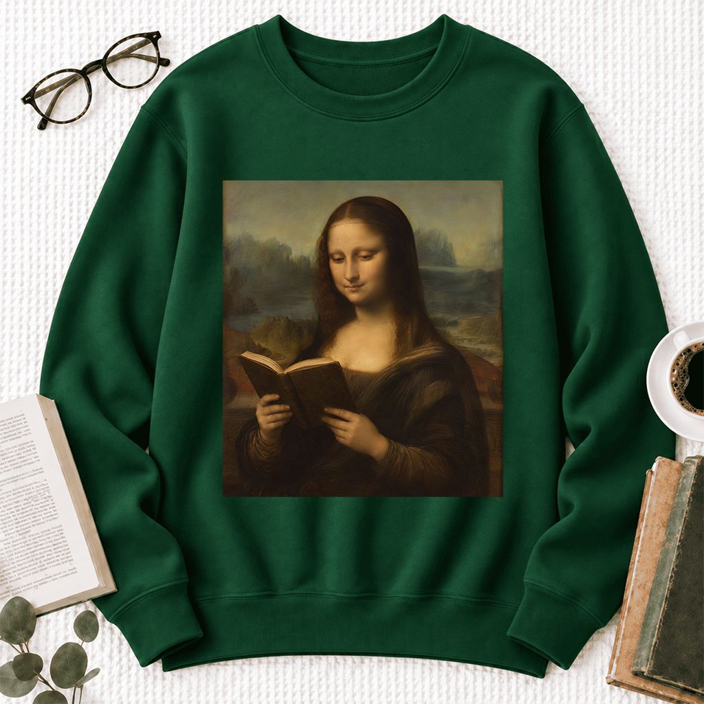 Mona Lisa Reading Softstyle Sweatshirt | Literary Reader Gift Forest Green