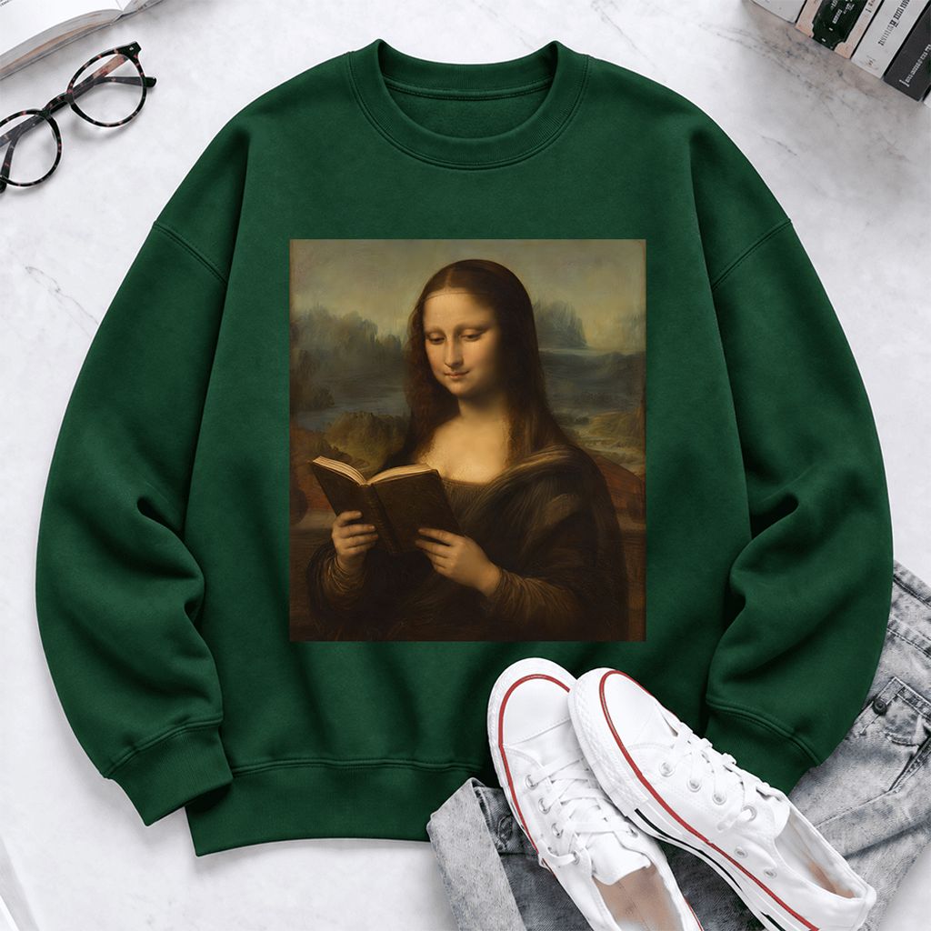 Mona Lisa Reading Softstyle Sweatshirt | Literary Reader Gift Forest Green