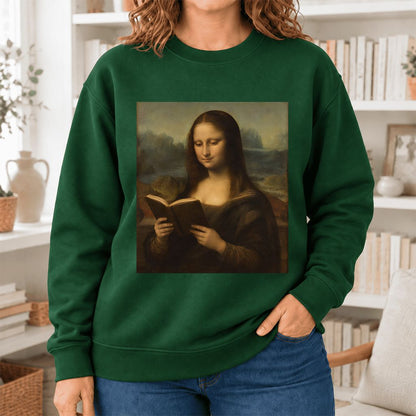 Mona Lisa Reading Softstyle Sweatshirt | Literary Reader Gift Forest Green
