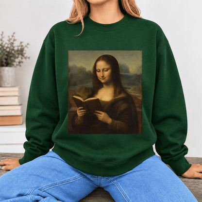 Mona Lisa Reading Softstyle Sweatshirt | Literary Reader Gift Forest Green