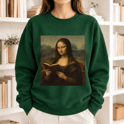 Mona Lisa Reading Softstyle Sweatshirt | Literary Reader Gift Forest Green