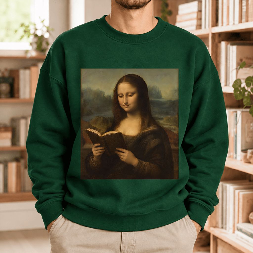 Mona Lisa Reading Softstyle Sweatshirt | Literary Reader Gift Forest Green