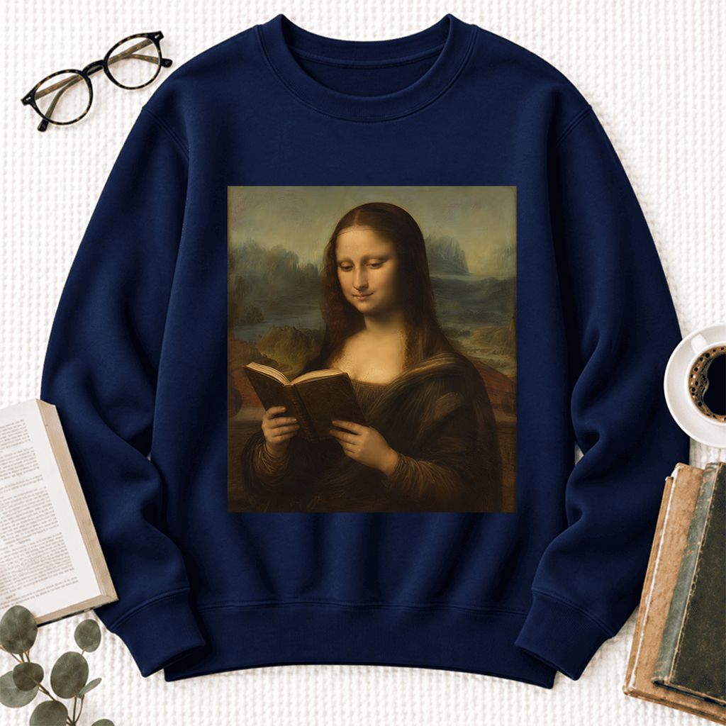 Mona Lisa Reading Softstyle Sweatshirt | Literary Reader Gift Navy