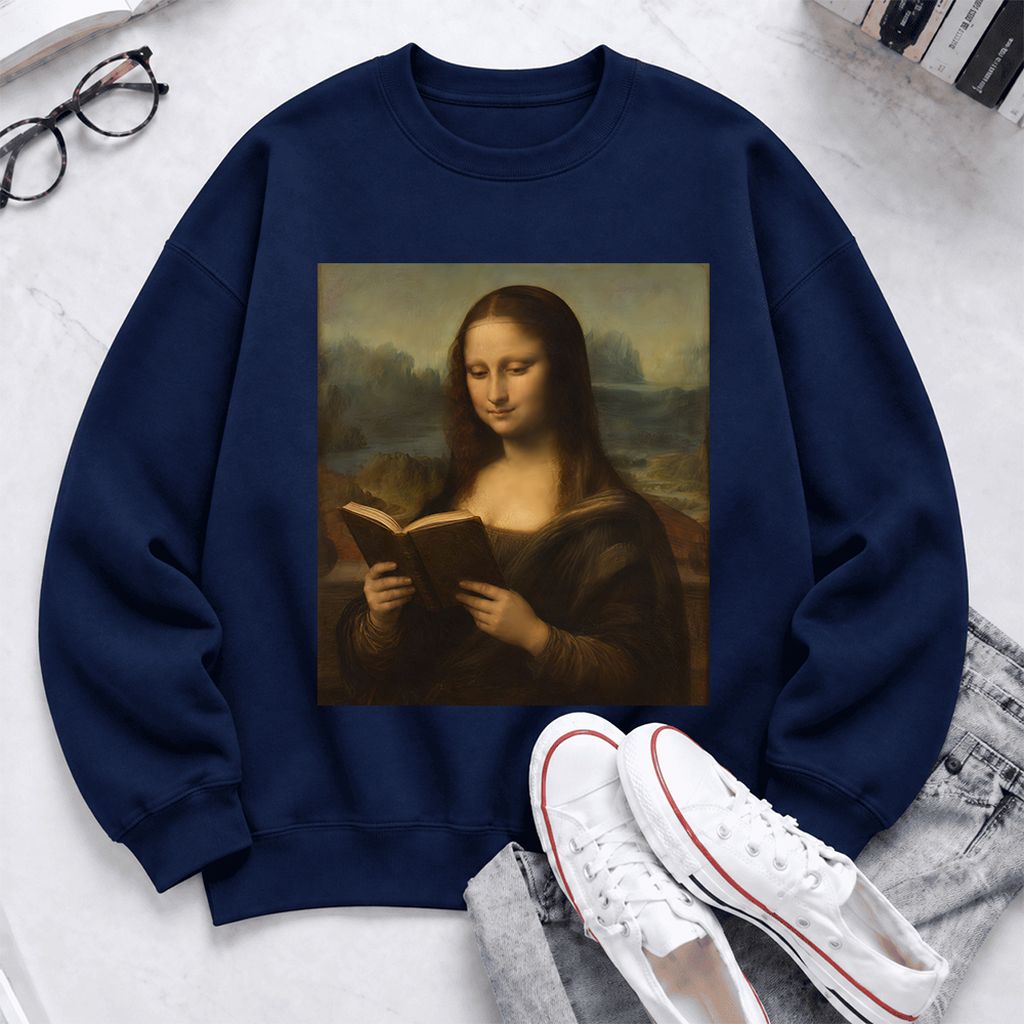 Mona Lisa Reading Softstyle Sweatshirt | Literary Reader Gift Navy