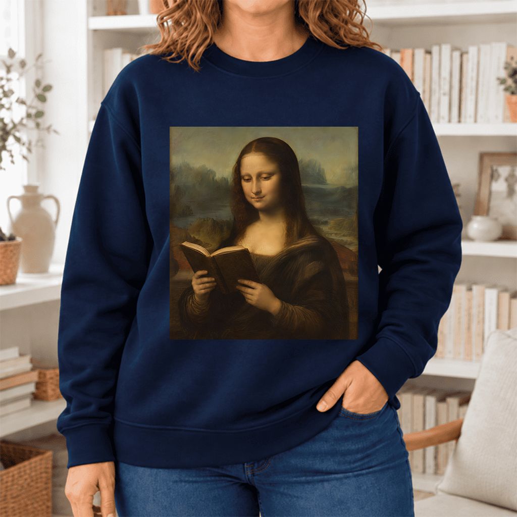 Mona Lisa Reading Softstyle Sweatshirt | Literary Reader Gift Navy