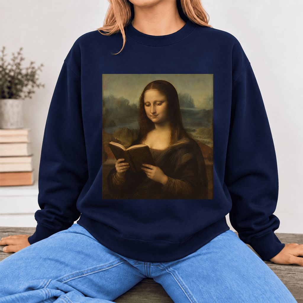 Mona Lisa Reading Softstyle Sweatshirt | Literary Reader Gift Navy