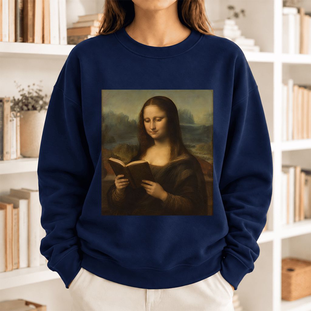 Mona Lisa Reading Softstyle Sweatshirt | Literary Reader Gift Navy