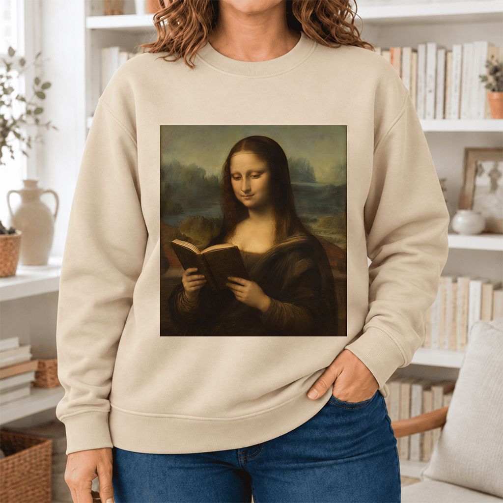 Mona Lisa Reading Softstyle Sweatshirt | Literary Reader Gift Sand